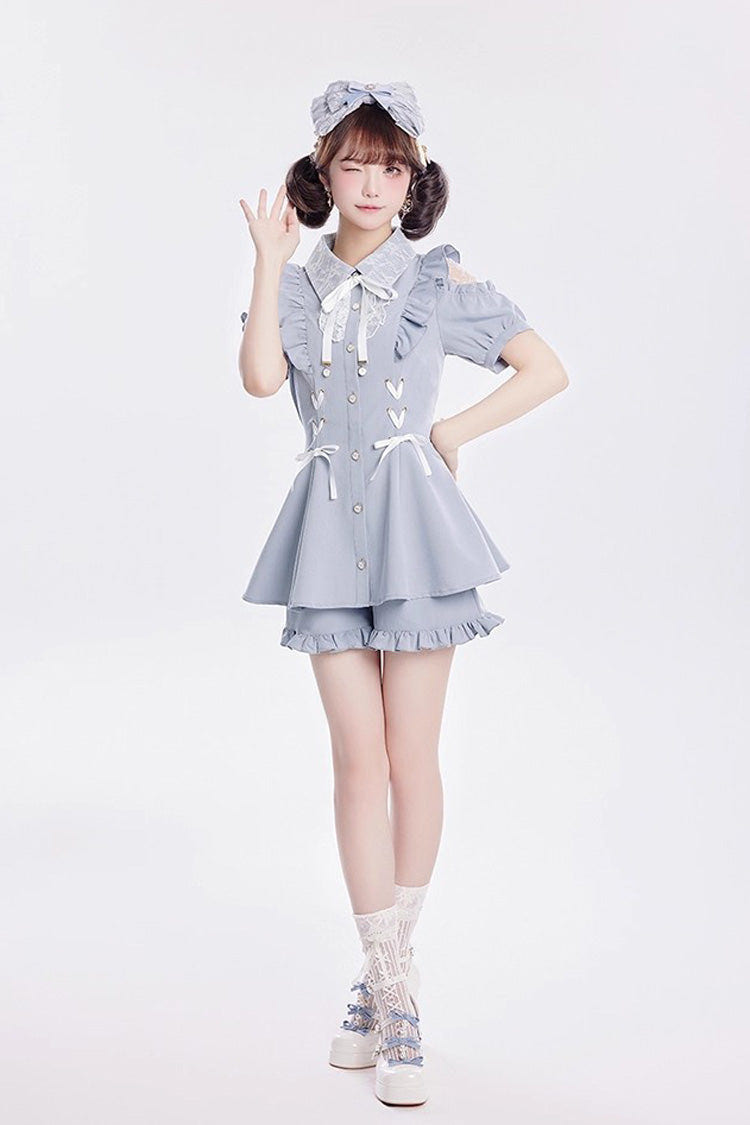 [Alice of Wednesday] Sweet Off Shoulder Short Sleeves Ruffle Bowknot Lace-Up Japanese Jirai Kei Dress Shorts Set 3 Colors - Product - 5