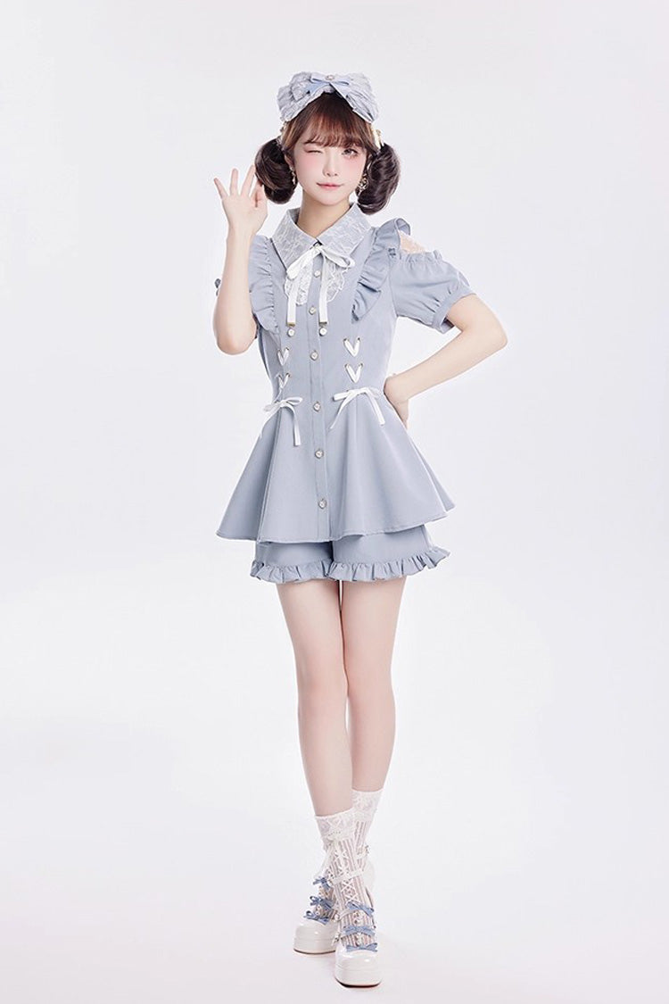 [Alice of Wednesday] Sweet Off Shoulder Short Sleeves Ruffle Bowknot Lace-Up Japanese Jirai Kei Dress Shorts Set 3 Colors - Product - 5