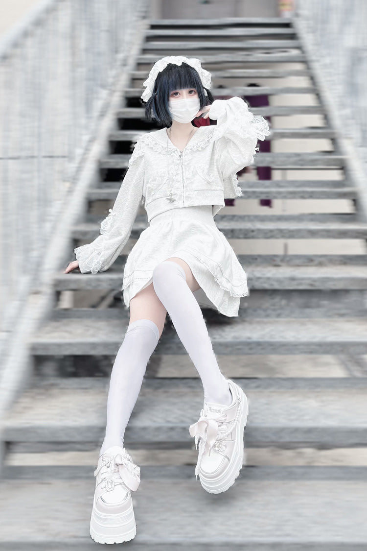 Grey [Heartbeat Rhythm] Long Sleeves Ruffle Lace Hooded Jirai Kei Japanese Skirt Set - Product - 3