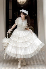 White [Morning Dew Lily] Short Sleeves Multi-Layered Ruffle Embroidery Sweet Elegant Lolita Dress - Product - 2
