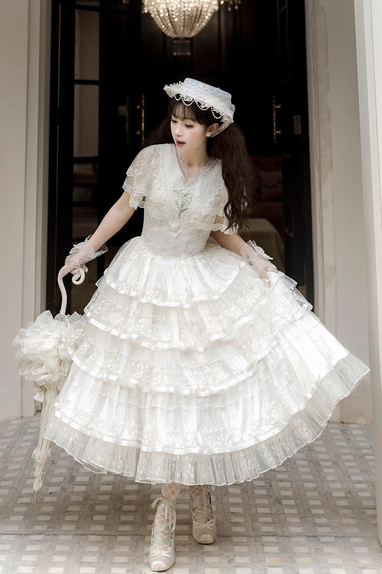 White [Morning Dew Lily] Short Sleeves Multi-Layered Ruffle Embroidery Sweet Elegant Lolita Dress - Product - 2