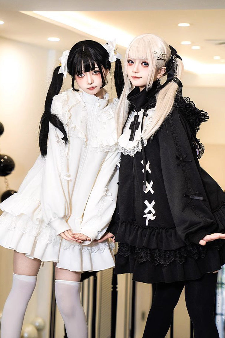 White Long Sleeves Ruffle Zipper Sweet Handsome Lolita Sweatshirt Coat - Product - 4