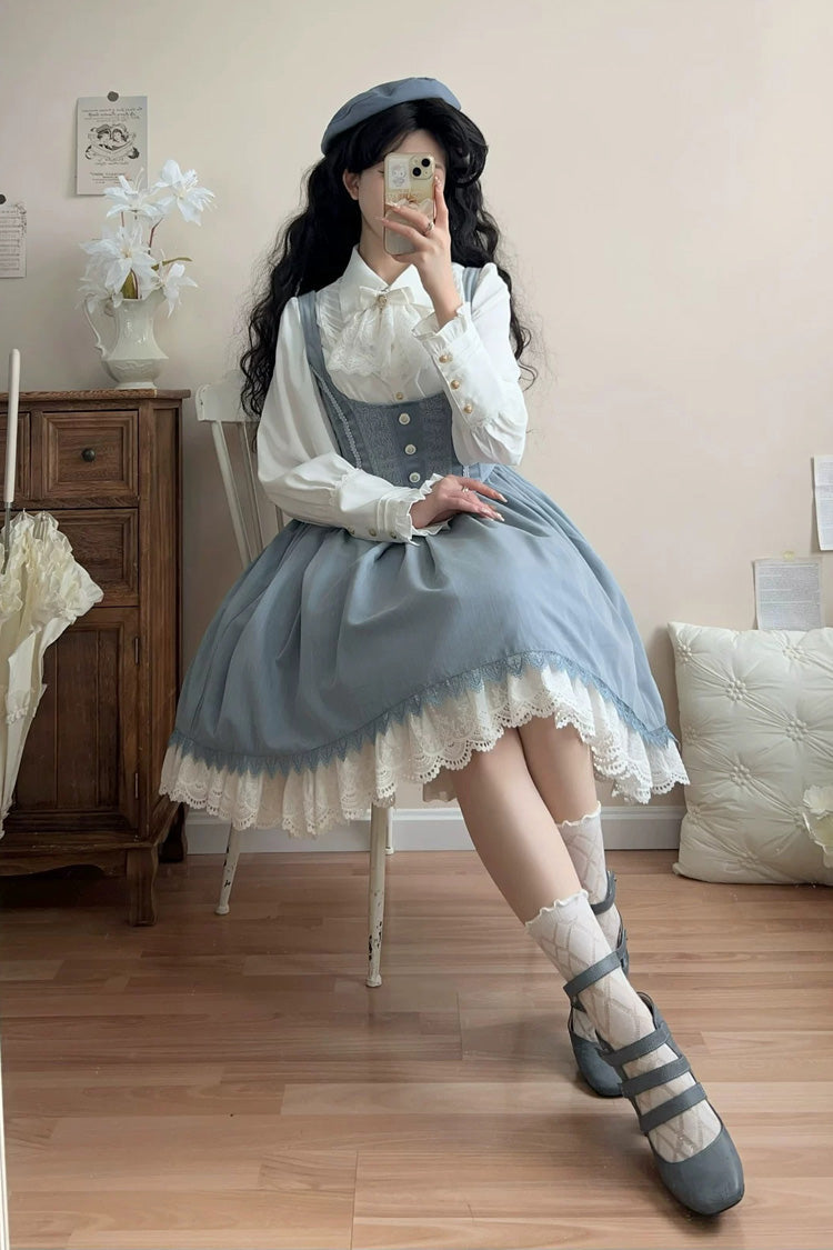 [Dreamlike Realm] Sleeveless Printed Ruffled Embroidered Bustier Elegant Sweet Lolita Jsk Dress 4 Colors - Product - 13