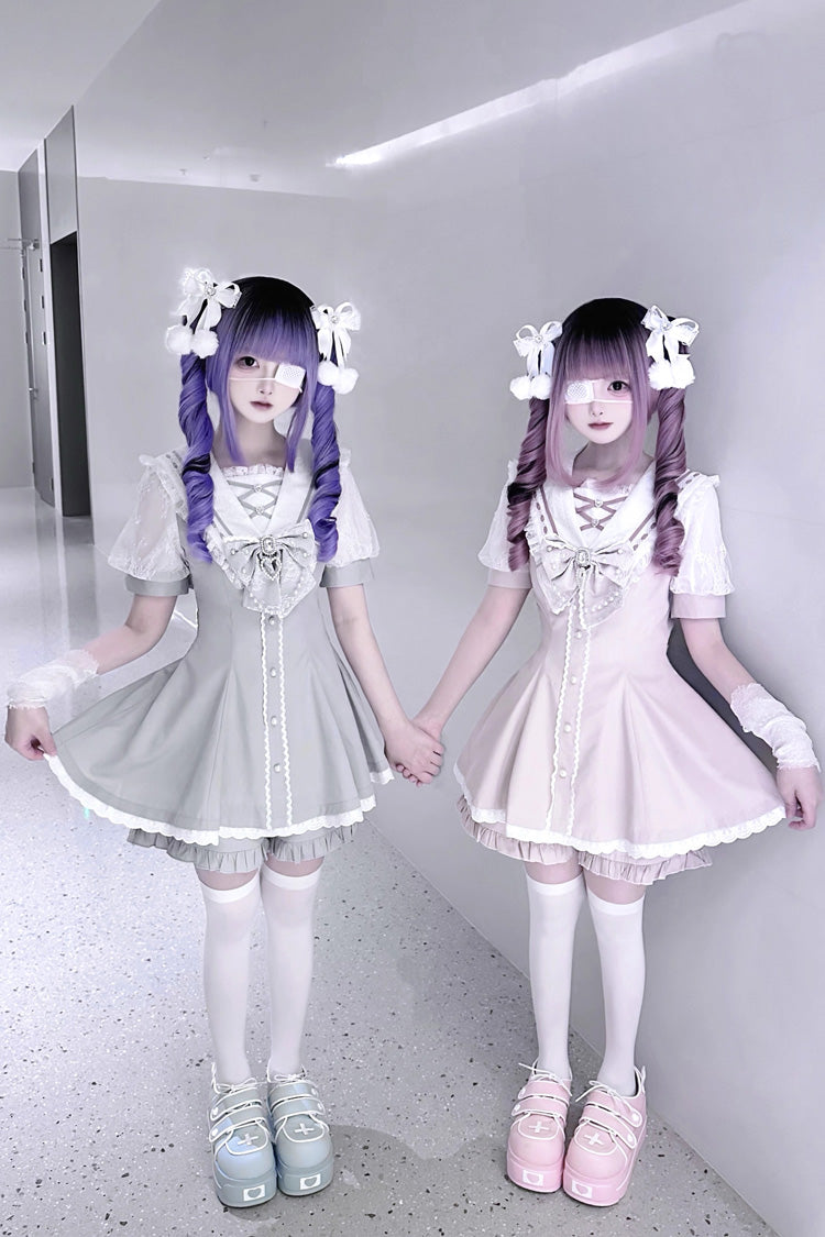 Sweet Short Sleeves Print Bowknot Jirai Kei Japanese Dress Set 3 Colors - Product - 5