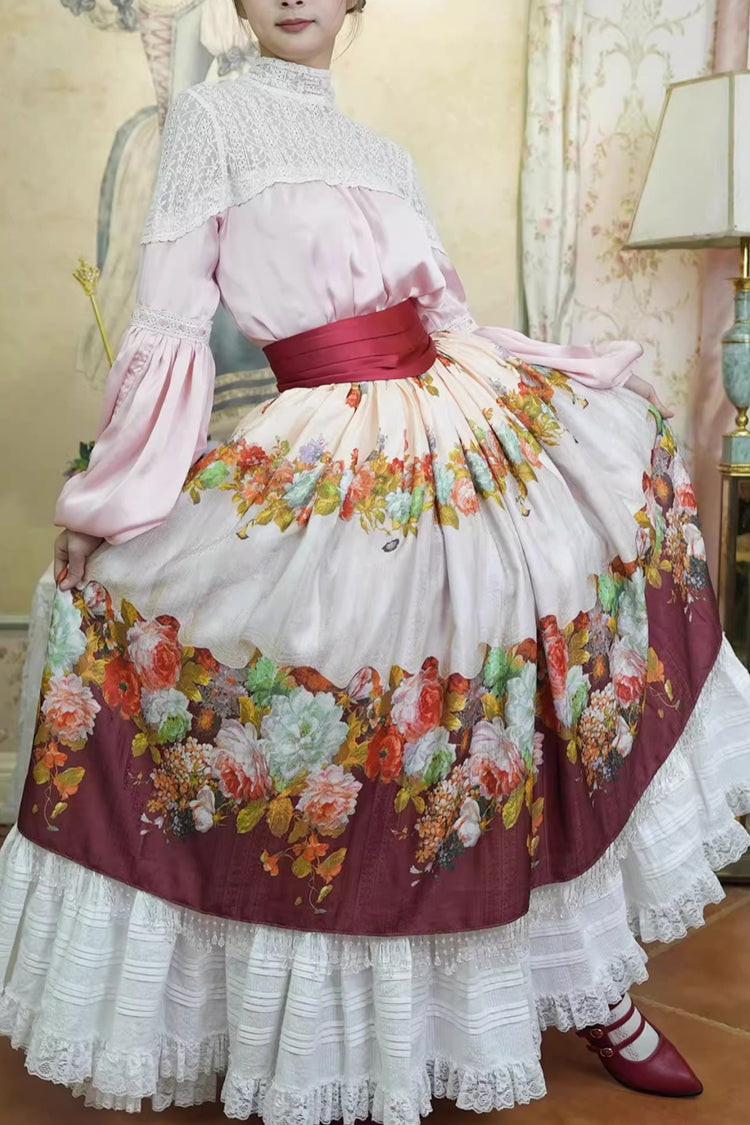 Red [Rainy Season Garden] Print Ruffle Sweet Classic Lolita Skirt - Product - 6