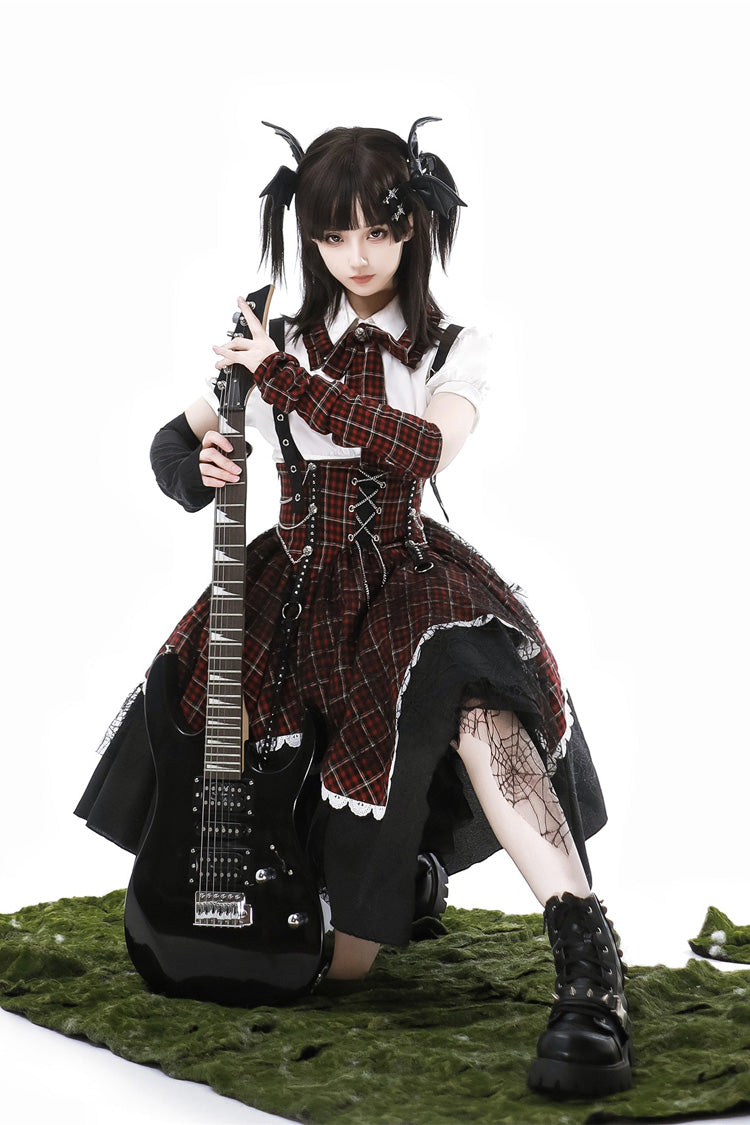 Black/Red [Soul Mantra] Plaid Print Irregular Sweet Lolita Strap Dress - Product - 6