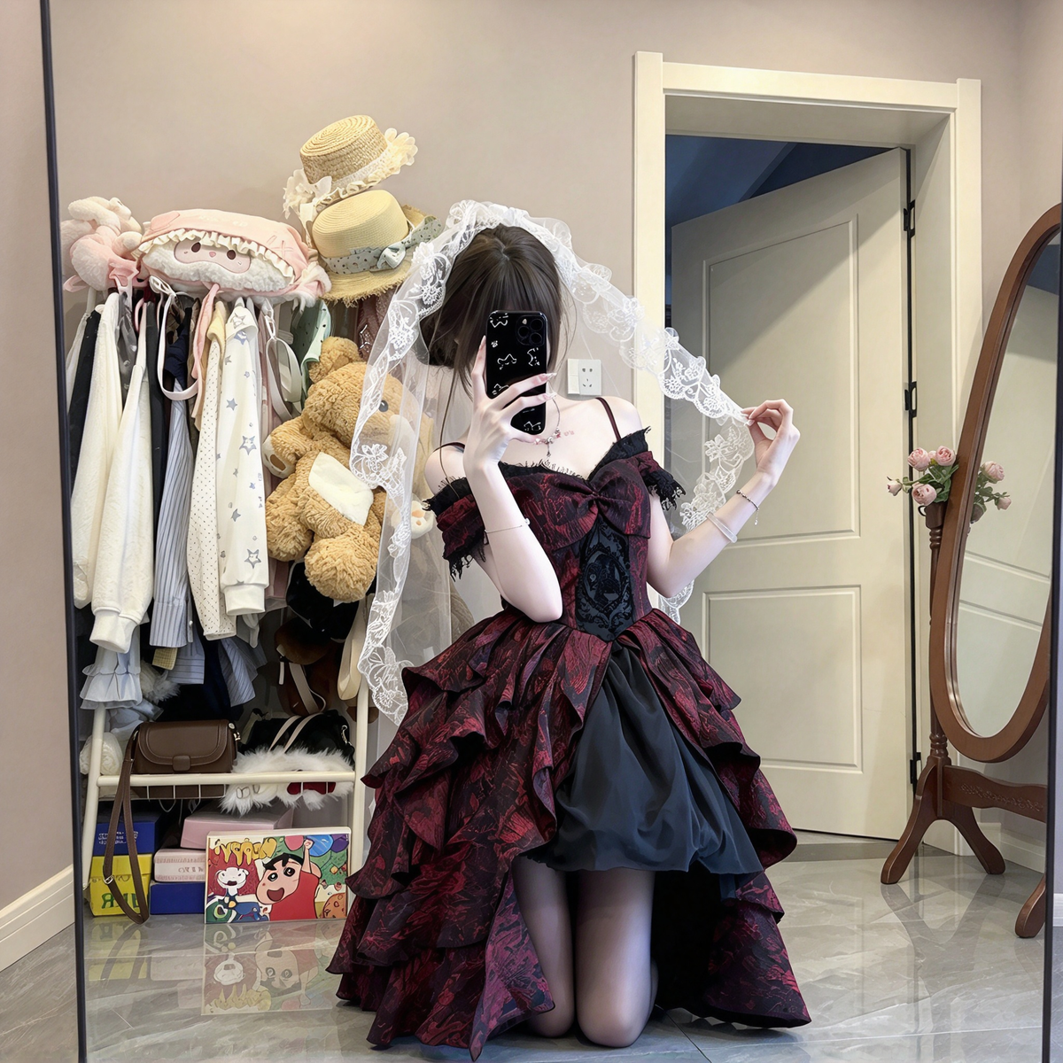 Red and Black Jacquard Ruffled Lolita Dress with Brooch Accent - view 2