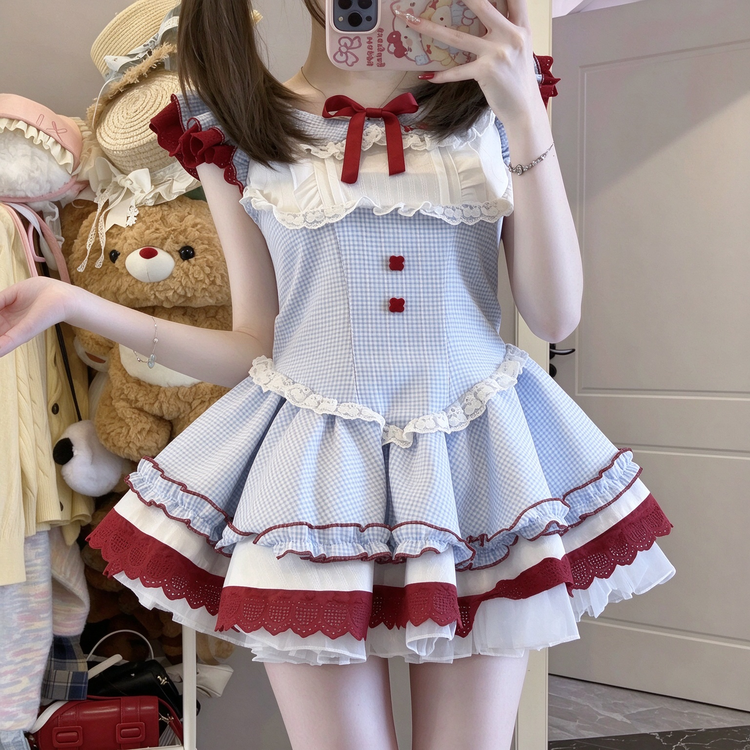 Light Blue and Red Gingham Ruffled Lolita Dress with Lace Trim - view 5