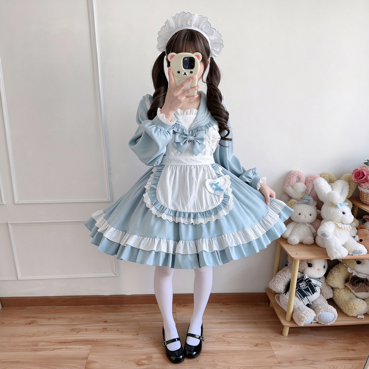 Light Blue Ruffled Sailor Collar Maid Lolita Dress with Apron Bow Accent - view 8