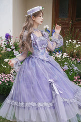 Purple Square Collar Long Sleeves Ruffle Bowknot Lace Fishbone Sweet Lolita Dress - Product - 6