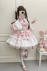 Pink [Snow Rabbit] Long Sleeves Ruffle Bowknot Fake Two Pieces Sweet Lolita Dress - Product - 5