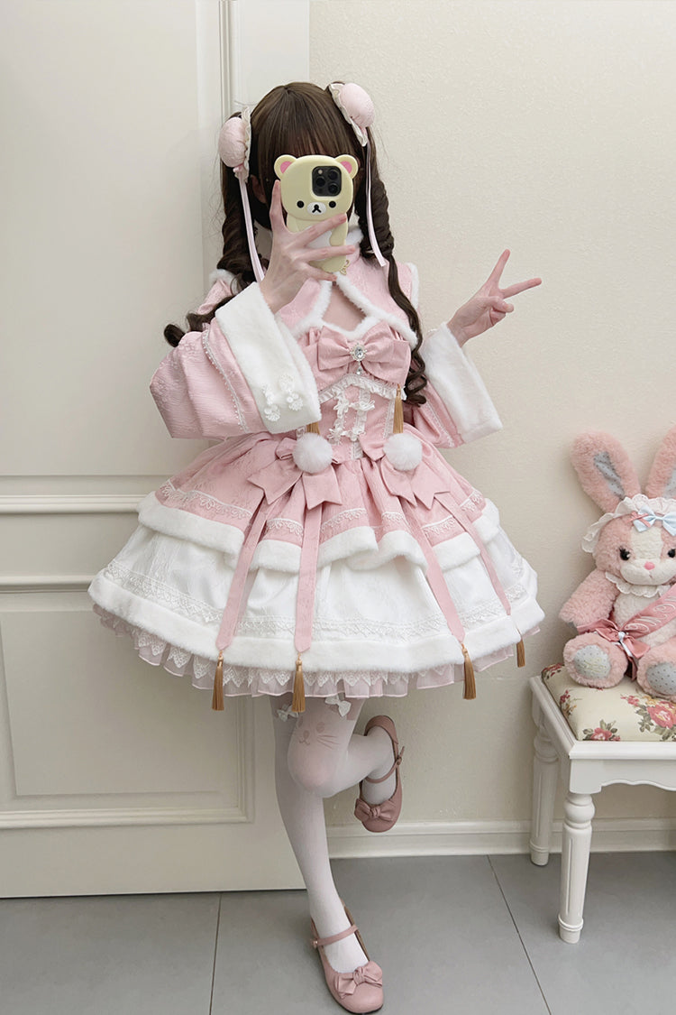 Pink [Snow Rabbit] Long Sleeves Ruffle Bowknot Fake Two Pieces Sweet Lolita Dress - Product - 5