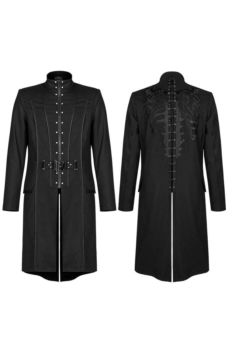 Black Punk Stand Collar Skeleton Embroidery Frenulum Metal Rivet Zippe Slim Fit Mid Length Men's Coat - Product - 5