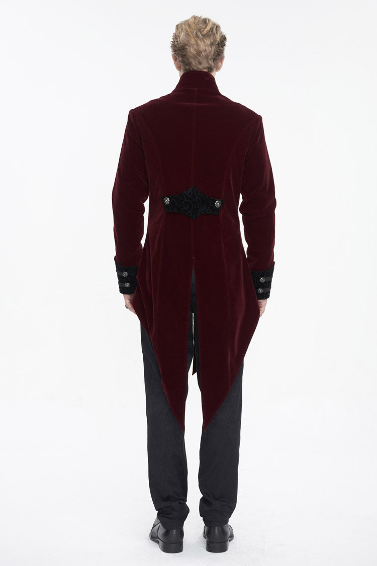 Red Stand Collar Lace Splice Swallow Tailed Men's Gothic Coat - Product - 7