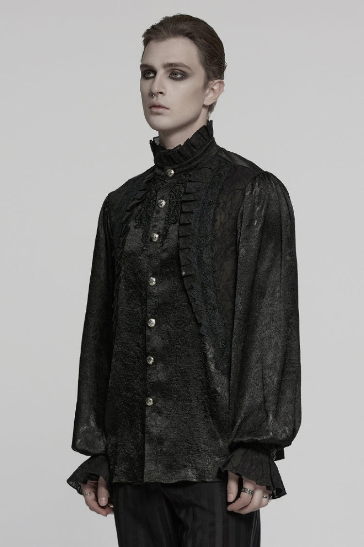 Black Stand Collar Long Puff Sleeves Jacquard Ruffle Embroidery Men's Gothic Blouse - Product - 2