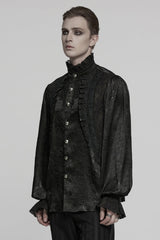 Black Stand Collar Long Puff Sleeves Jacquard Ruffle Embroidery Men's Gothic Blouse - Product - 2