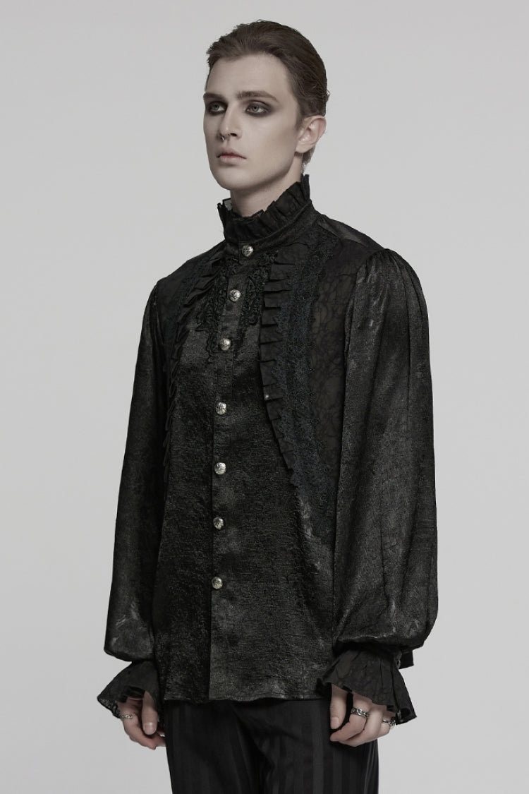 Black Stand Collar Long Puff Sleeves Jacquard Ruffle Embroidery Men's Gothic Blouse - Product - 2
