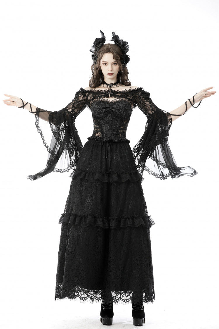 Black Off Shoulder Lace Long Trumpet Sleeves Floral Mesh Women's Gothic Cape - Product - 8