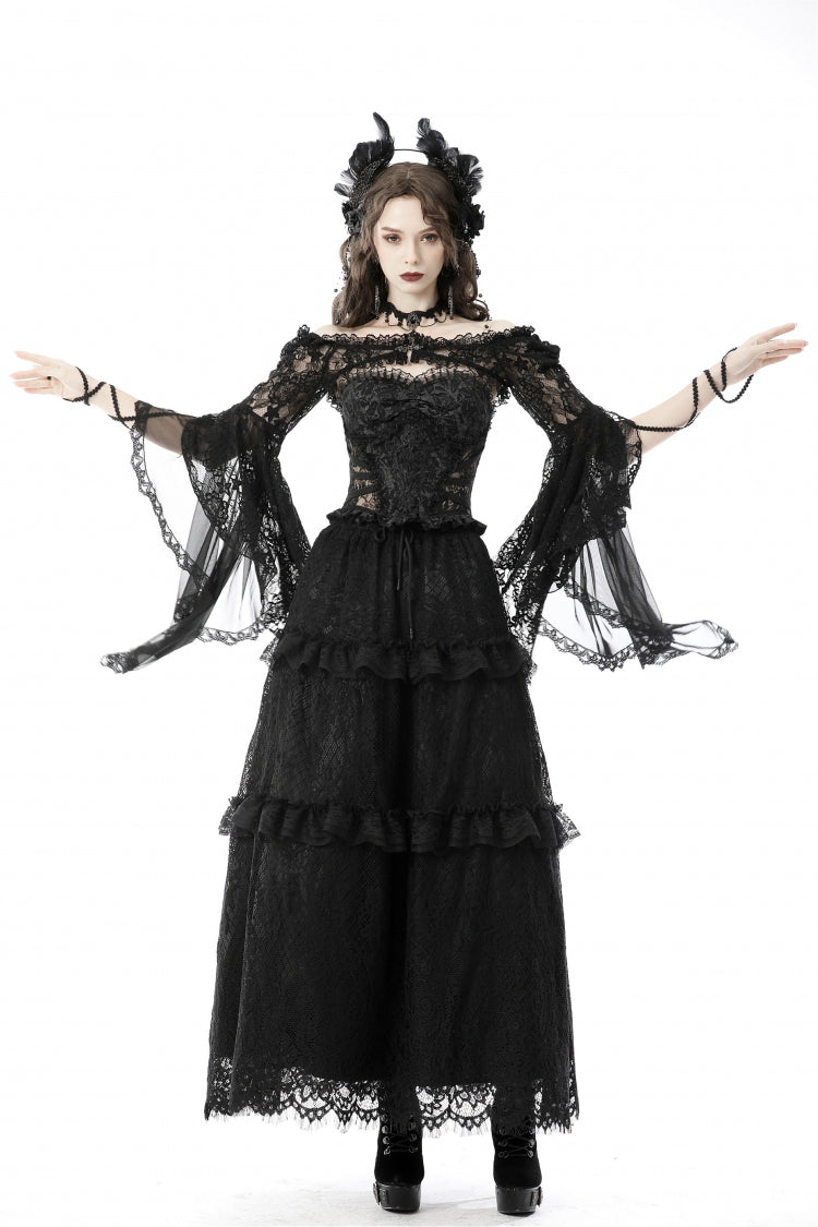 Black Off Shoulder Lace Long Trumpet Sleeves Floral Mesh Women's Gothic Cape - Product - 8