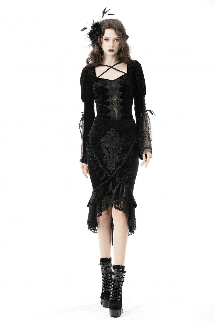 Black Jacquard Lace Lace-Up Women's Gothic Dovetail Wrap Skirt - Black - 1
