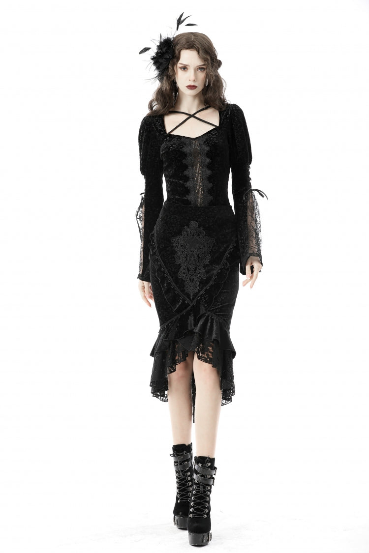 Black Jacquard Lace Lace-Up Women's Gothic Dovetail Wrap Skirt - Black - 1