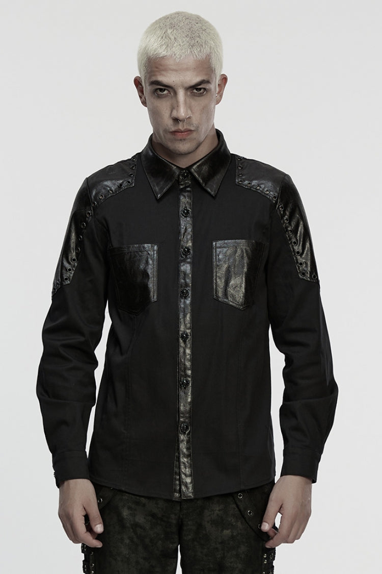 Black Lapel Collar Long Sleeves Stitching Eyelet Men's Punk Blouse - Black - 1