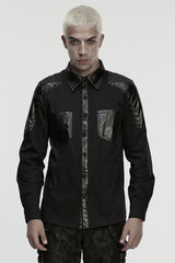 Black Lapel Collar Long Sleeves Stitching Eyelet Men's Punk Blouse - Black - 1