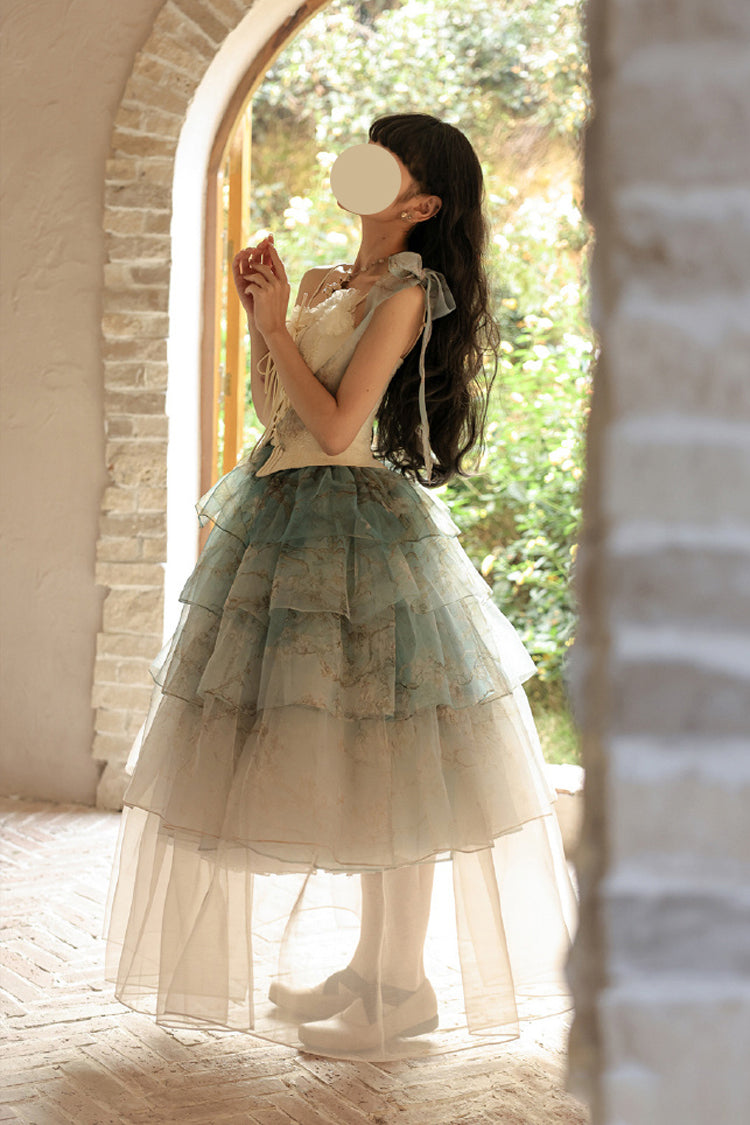 Green Gradient Multi-Layered Print Sweet Lolita Skirt - Product - 2