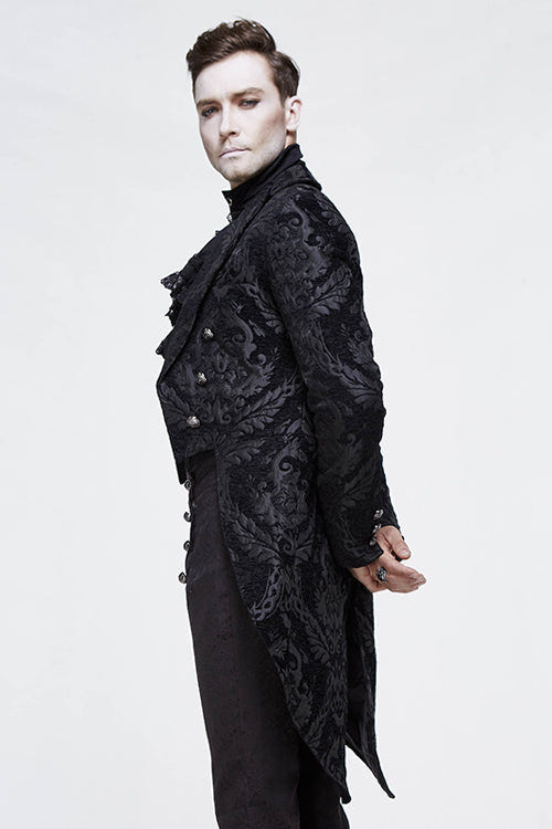 Black Gothic Jacquard Mens Coat With Slit - Product - 2