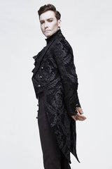 Black Gothic Jacquard Mens Coat With Slit - Product - 2
