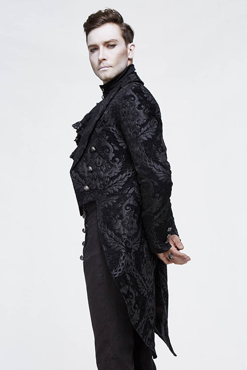 Black Gothic Jacquard Mens Coat With Slit - Product - 2