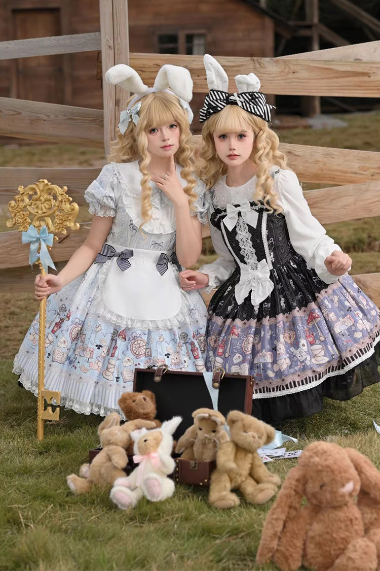 Black [Alice’s Fantasy Tale] Square Collar Sleeveless Printed Bow Gothic Lolita Dress - Product - 2