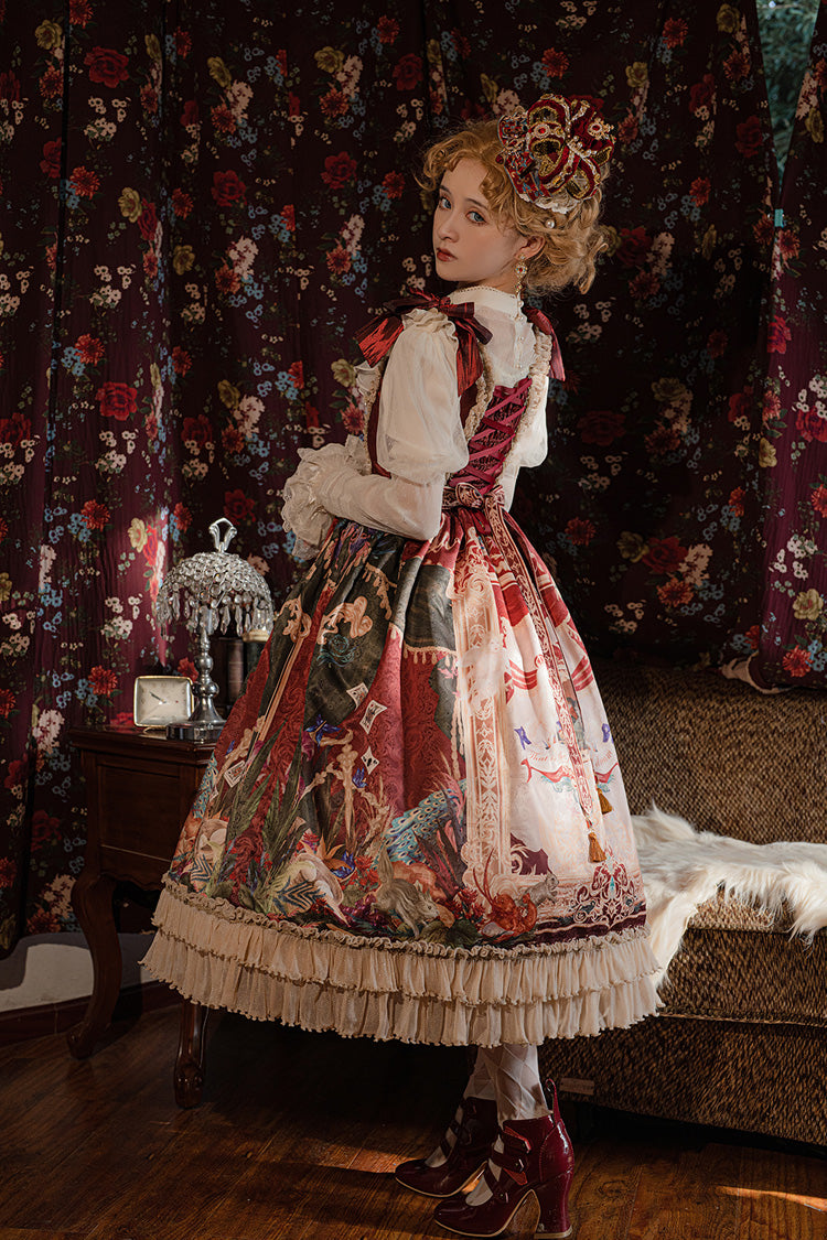Red [Kaleidoscope of Dreams] Sleeveless Double-Layered Print Embroidery Bowknot Classic Vintage Gorgeous Lolita Jsk Dress - Product - 4