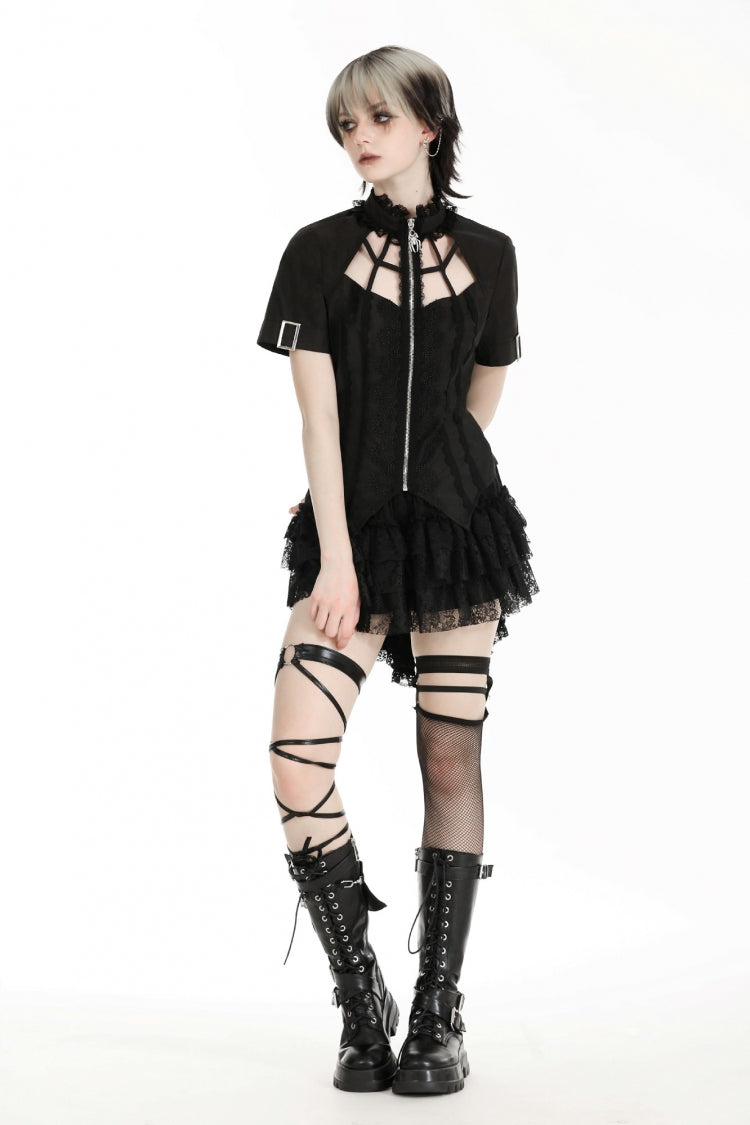 Black Stand Collar Short Sleeves Spider-Shaped Zippered Cut-Out Irregular Women's Punk Blouse - Product - 8