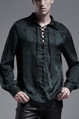 Jacquard Long Sleeve Front Metal Eyelets Lace Up Metal Carving Buckle Cuff Men's Gothic Shirt 3 Colors - Green - 3
