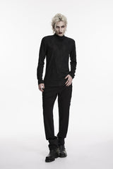 Black High Collar Long Sleeves Jacquard Spliced Slim Men's Gothic Top - Product - 5