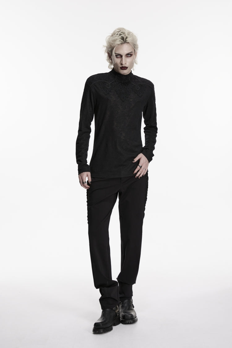 Black High Collar Long Sleeves Jacquard Spliced Slim Men's Gothic Top - Product - 5