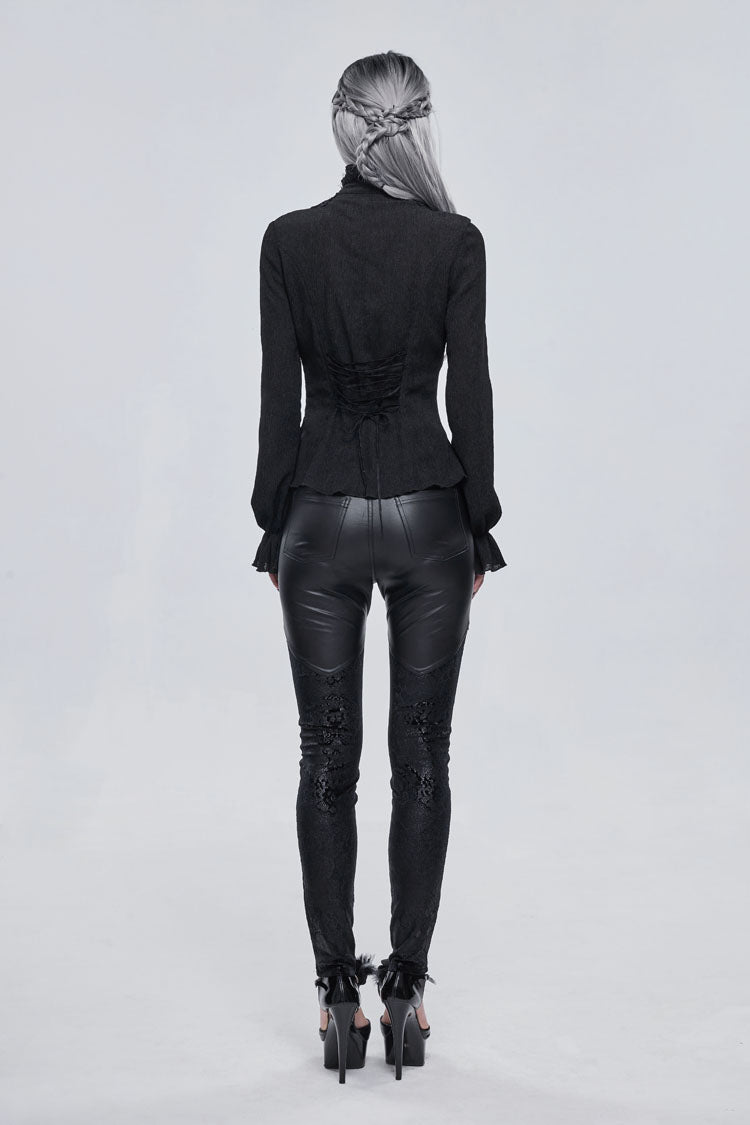 Black Lace High Neck Three Dimensional Embroidered Lantern Trumpet Sleeves Women's Gothic Shirt - Product - 5