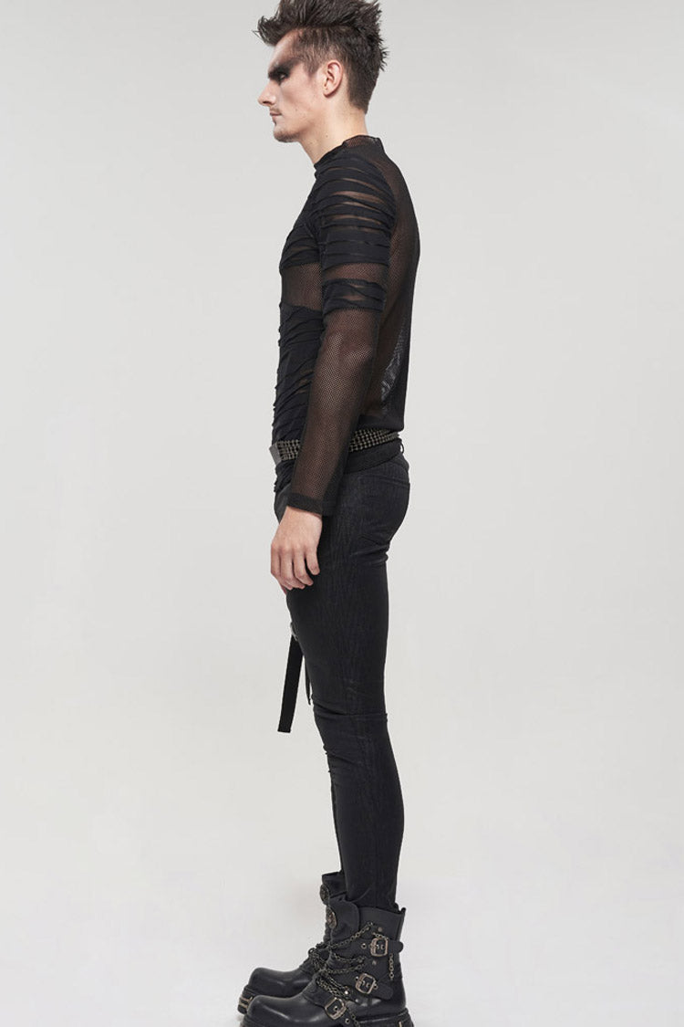 Black Gothic Bandage Design Net Yarn Perspective Men's Sweater - Product - 7