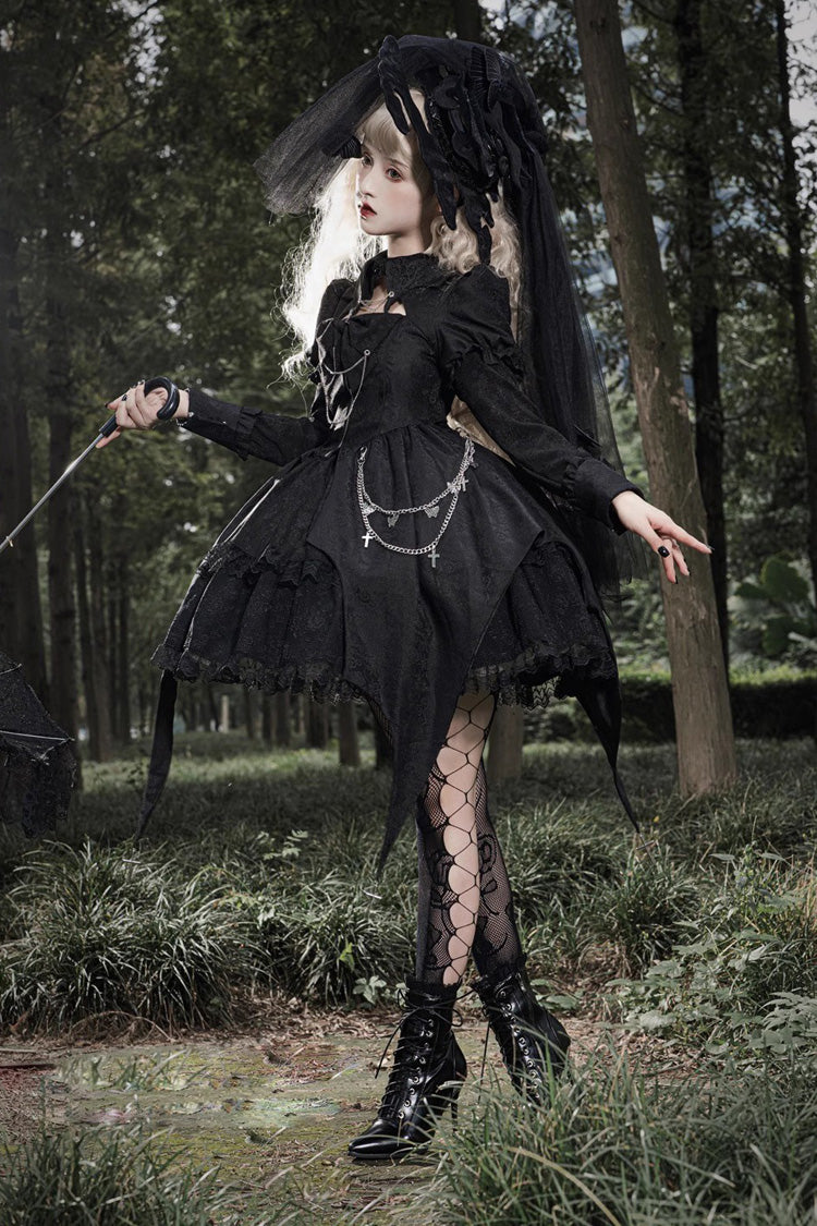 Black Dark Night Law Long Sleeves High Waisted Cardigan Bowknot Lace Gothic Lolita Dress - Product - 7