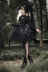 Black Dark Night Law Long Sleeves High Waisted Cardigan Bowknot Lace Gothic Lolita Dress - Product - 7