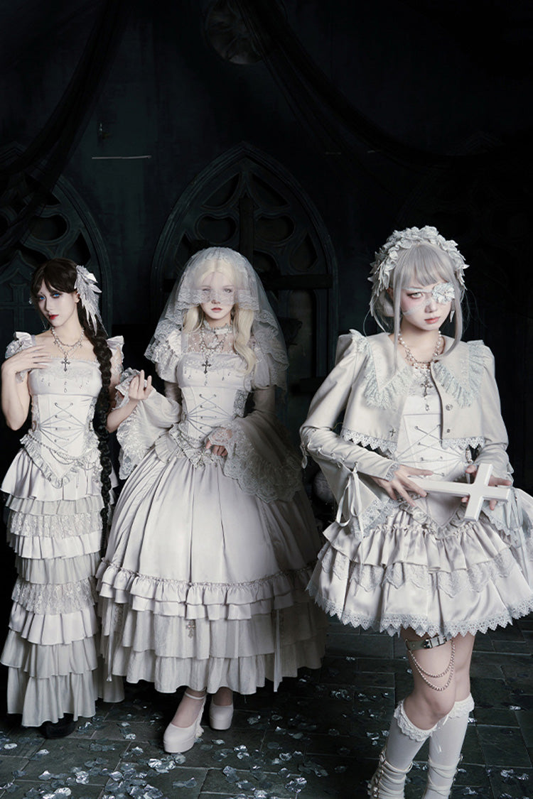 Solid Color [Bionic Doll] Square Collar Multi-Layered Ruffle Bowknot Lace-Up Gothic Lolita Fishtail Skirt Corset Set - Product - 16