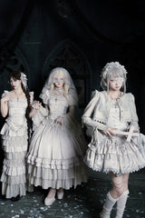 Solid Color [Bionic Doll] Square Collar Multi-Layered Ruffle Bowknot Lace-Up Gothic Lolita Fishtail Skirt Corset Set - Product - 16