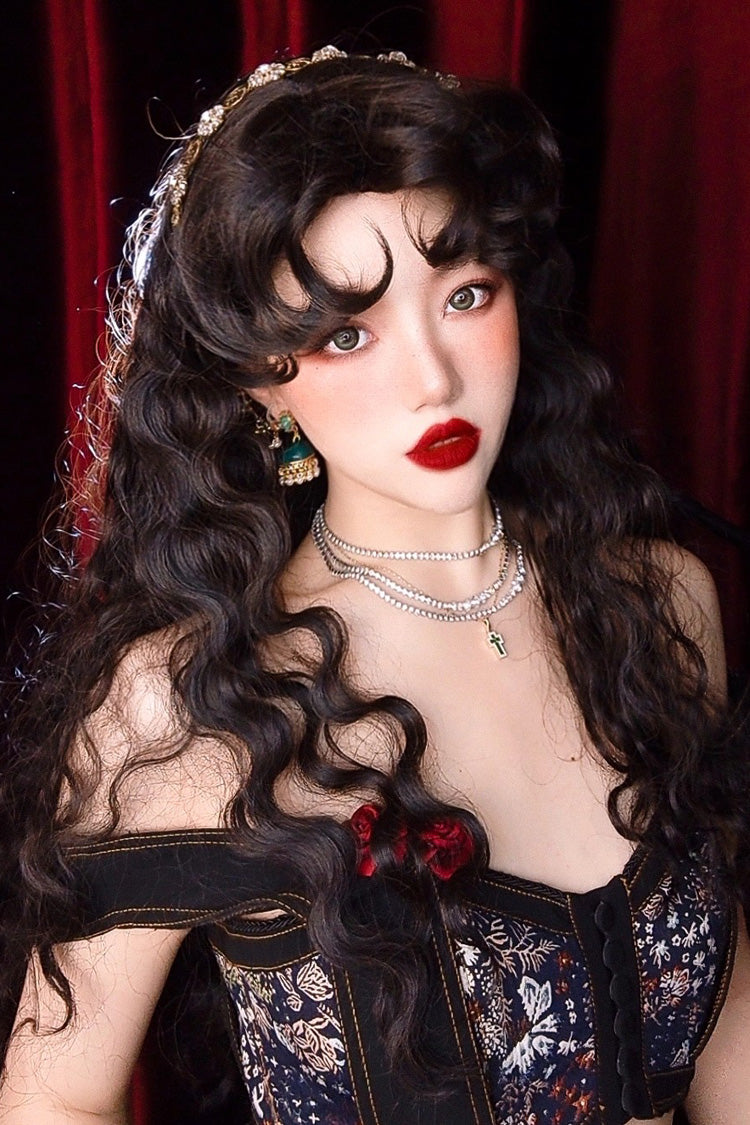 Matte Black [Gypsy Rose] Vintage Elegant Fluffy Wool Lolita Curl Wig - Black - 1