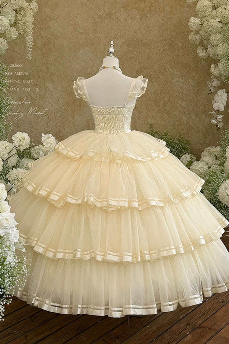 Apricot [Sweet Organza Satin] Sleeveless Multi-Layered Ruffled Hanayome Bow Lace Sweet Elegant Princess Lolita Jsk Dress - Product - 4