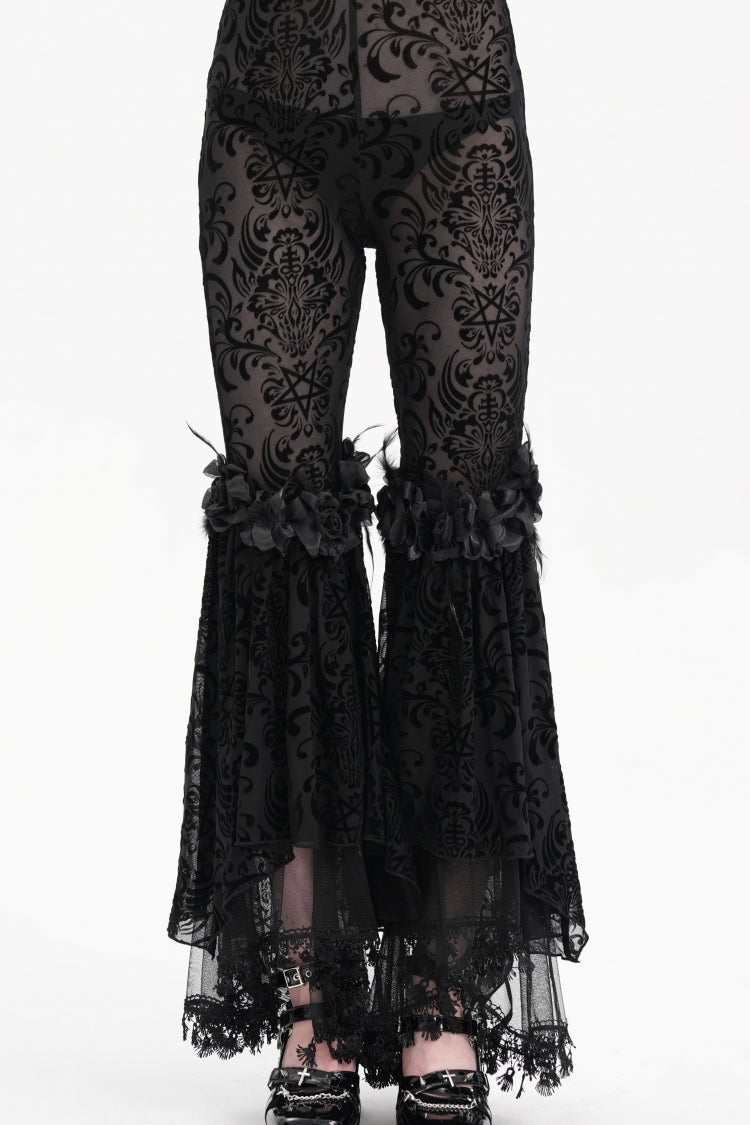Black Embroidery Lace Sheer Mesh Tassels Women's Gothic Pants - Black - 1