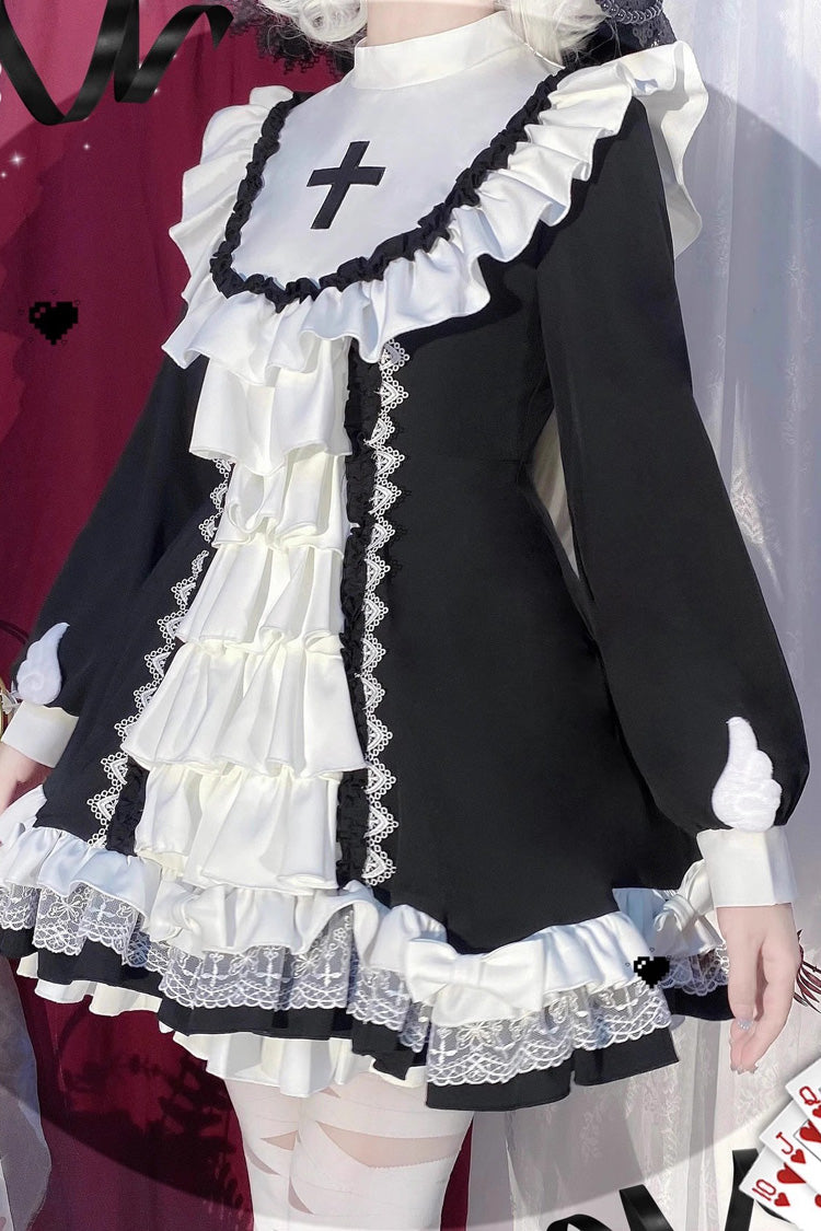 White/Black Long Sleeves Multi-layer Cross Print Nun Style Ruffle Gothic Lolita Dress - Product - 9