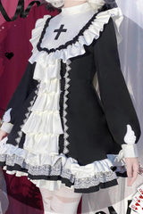 White/Black Long Sleeves Multi-layer Cross Print Nun Style Ruffle Gothic Lolita Dress - Product - 9