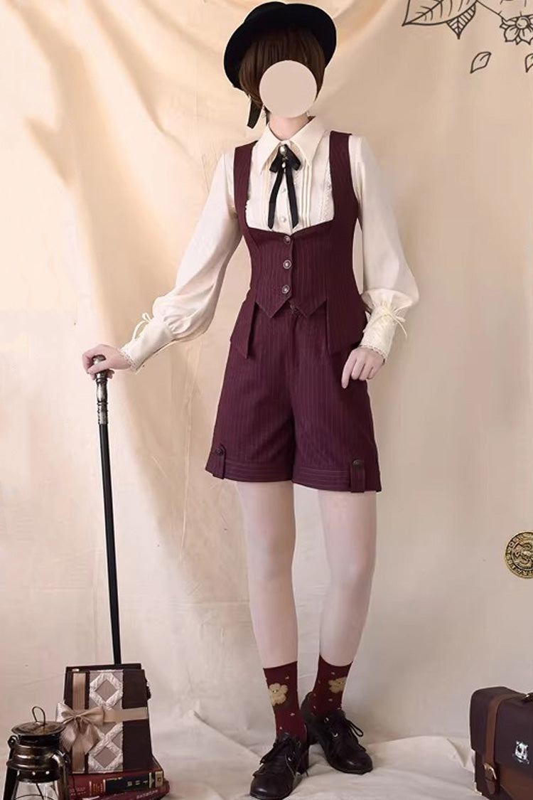 Red [Griffin’s Pact] Bust Support Striped Printed Gothic Ouji Lolita Shorts Vest Set - Red (Set) - 1