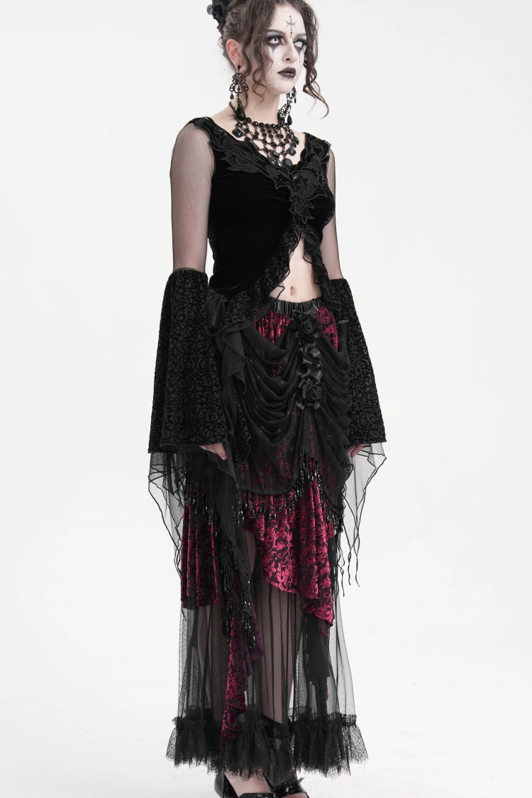 Black Long Sleeves Embroidery Mesh Ripped Women's Gothic Crop Top - Product - 7